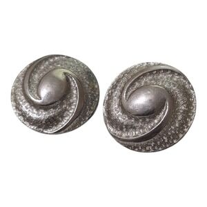 Judy Lee Vintage Clip On Earrings Silver Tone Round‎ Textured Statement